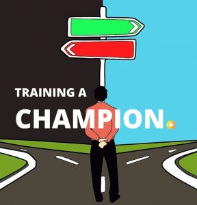 Training a Champion logo, guy in orange shirt choosing the right road, red arrow ,green arrow